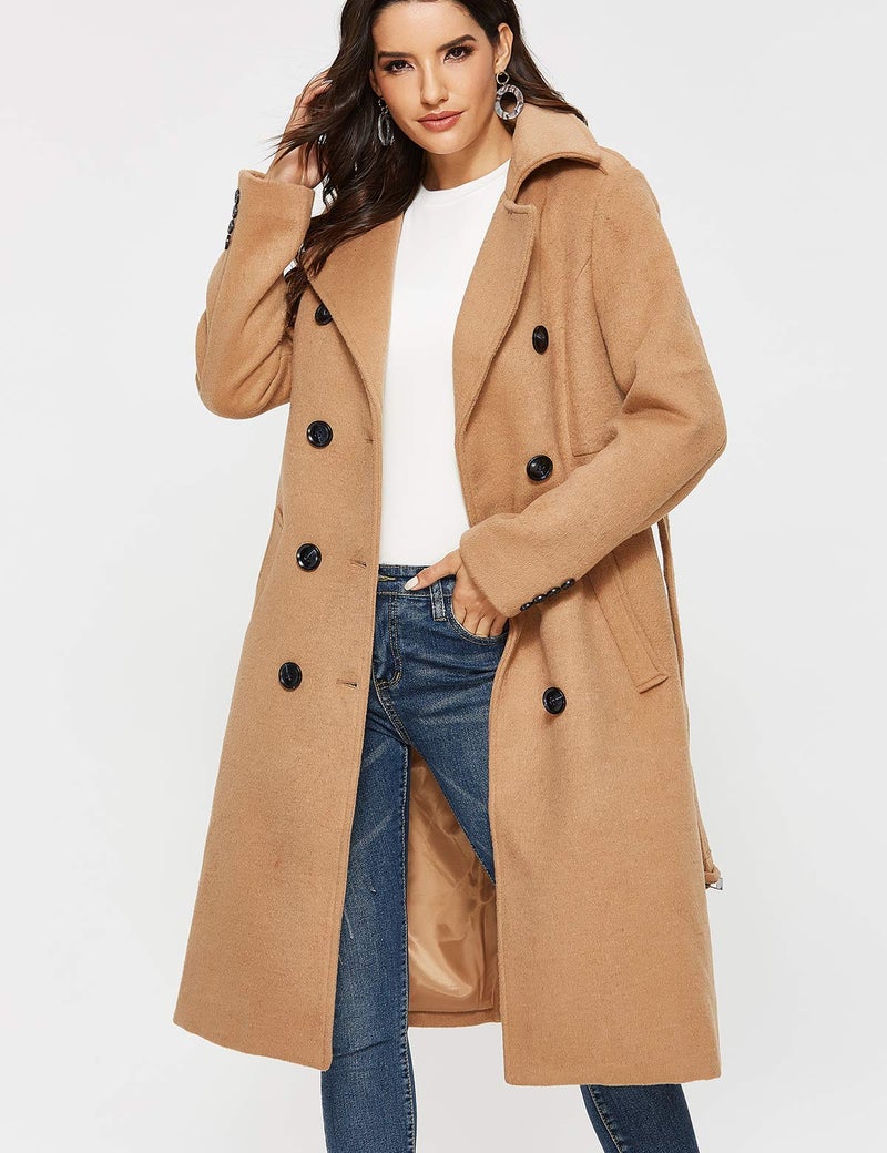 Escalier Womens Wool Coat Double Breasted Pea Coat Winter Long Trench Coat with Belt Camel XXL - Image 4